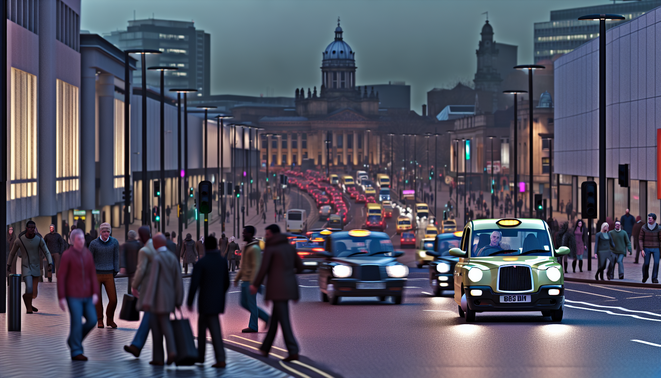 alt_text: A bustling Birmingham street at dusk, featuring taxis, diverse pedestrians, and iconic landmarks.