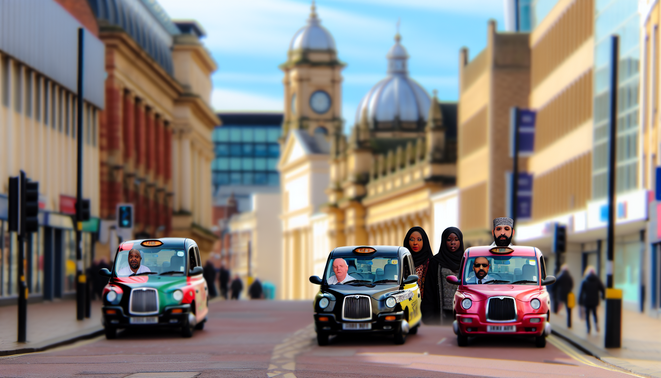 alt_text: A lively Birmingham street with diverse taxi drivers and landmarks, reflecting community and service.