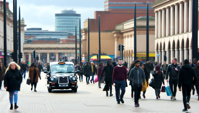 alt_text: A bustling Birmingham street scene with a black taxi, diverse crowds, and iconic landmarks.