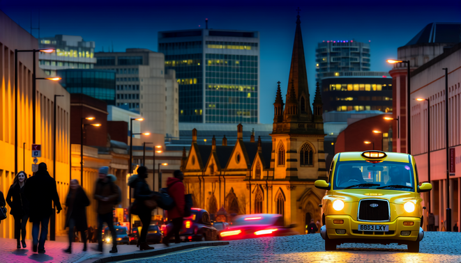alt_text: A vibrant Birmingham taxi scene at sunset, showcasing iconic landmarks and bustling city life.